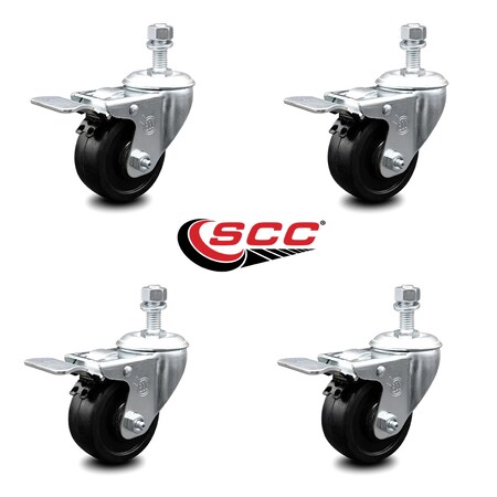 Service Caster 3 Inch Soft Rubber Wheel Swivel 10mm Stem Caster Set with Total Lock Brake SCC-TSTTL20S314-SRS-M1015-4